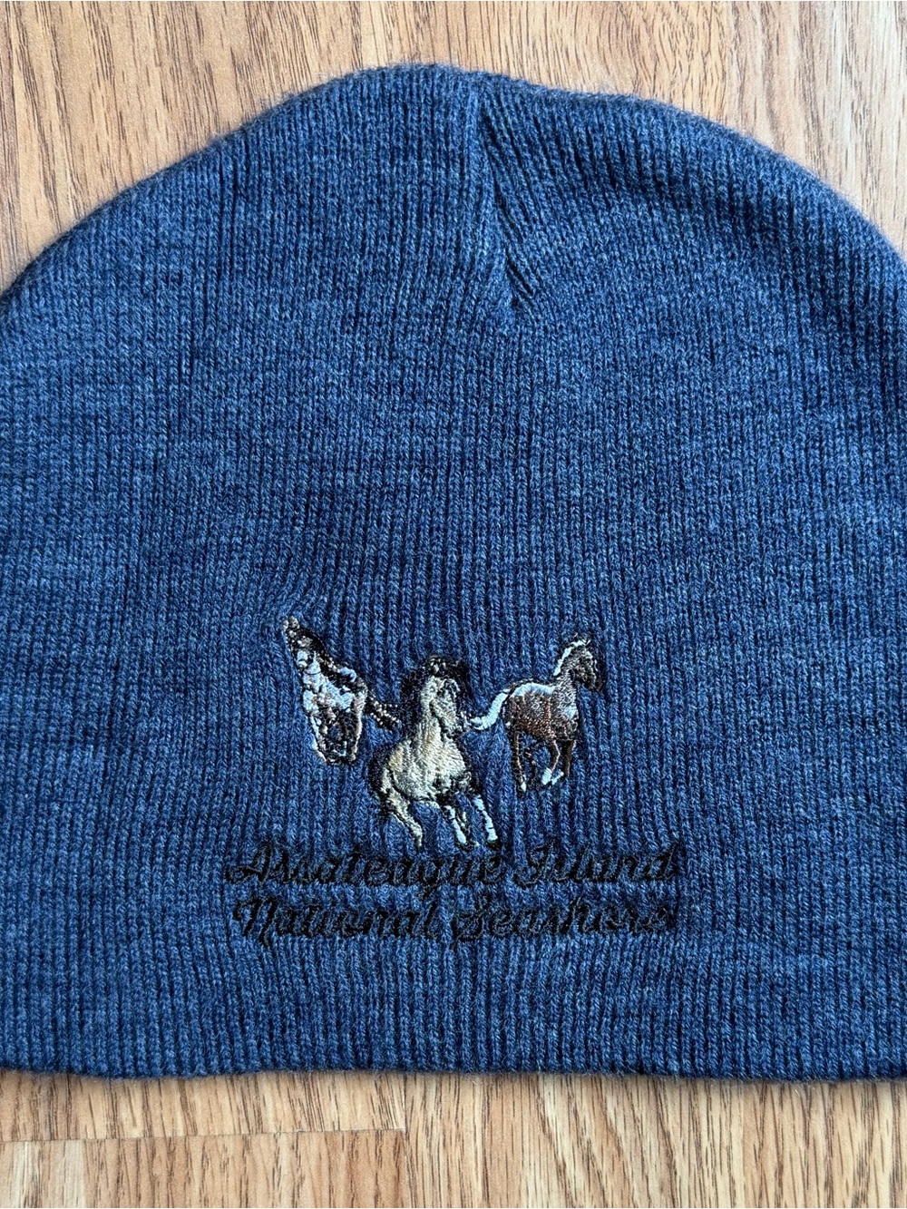 & Other Stories Navy Knit Beanie with Embroidered Horses